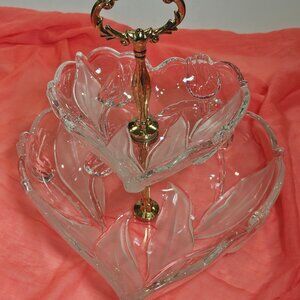 Vintage Mikasa Juliana Heart With Pink Embossed Tulips 2 Tiered Crystal Server
